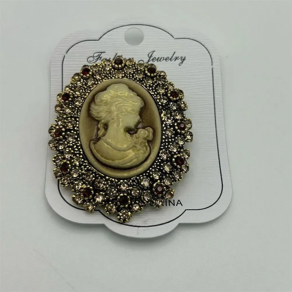 Vintage Style Victorian Lady Cameo Brooch Gold and Brown Rhinestones Retro